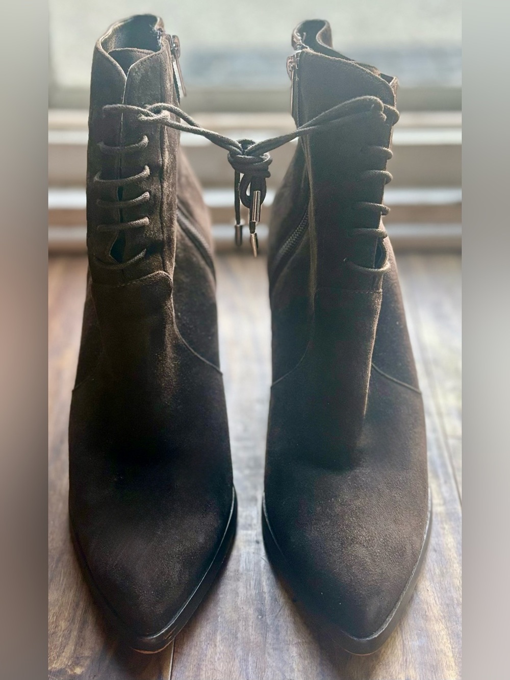 Brown Suede ankle boots, Marc Fisher Aaliyah pointy toe lace-up bootie size 11M